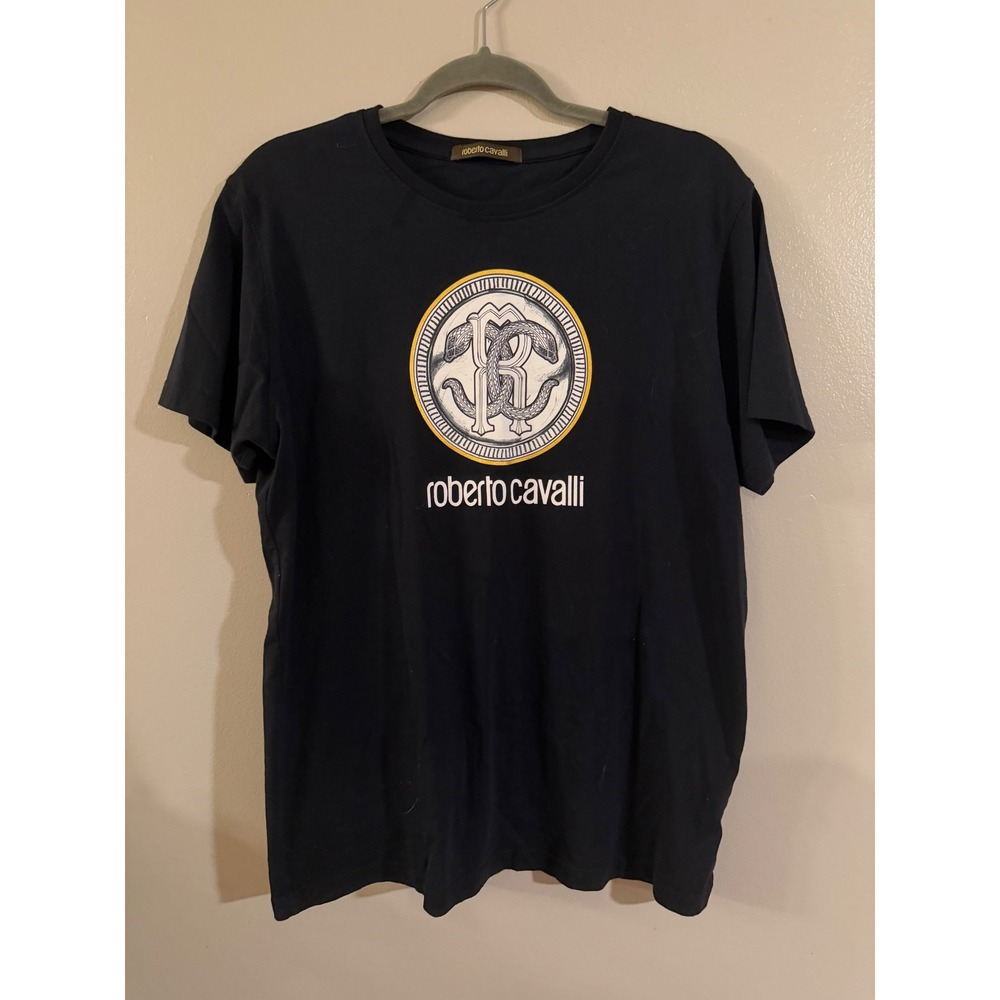 Roberto Cavalli Mens Snake Logo Graphic T-Shirt‎ Black Short Sleeve Designer L